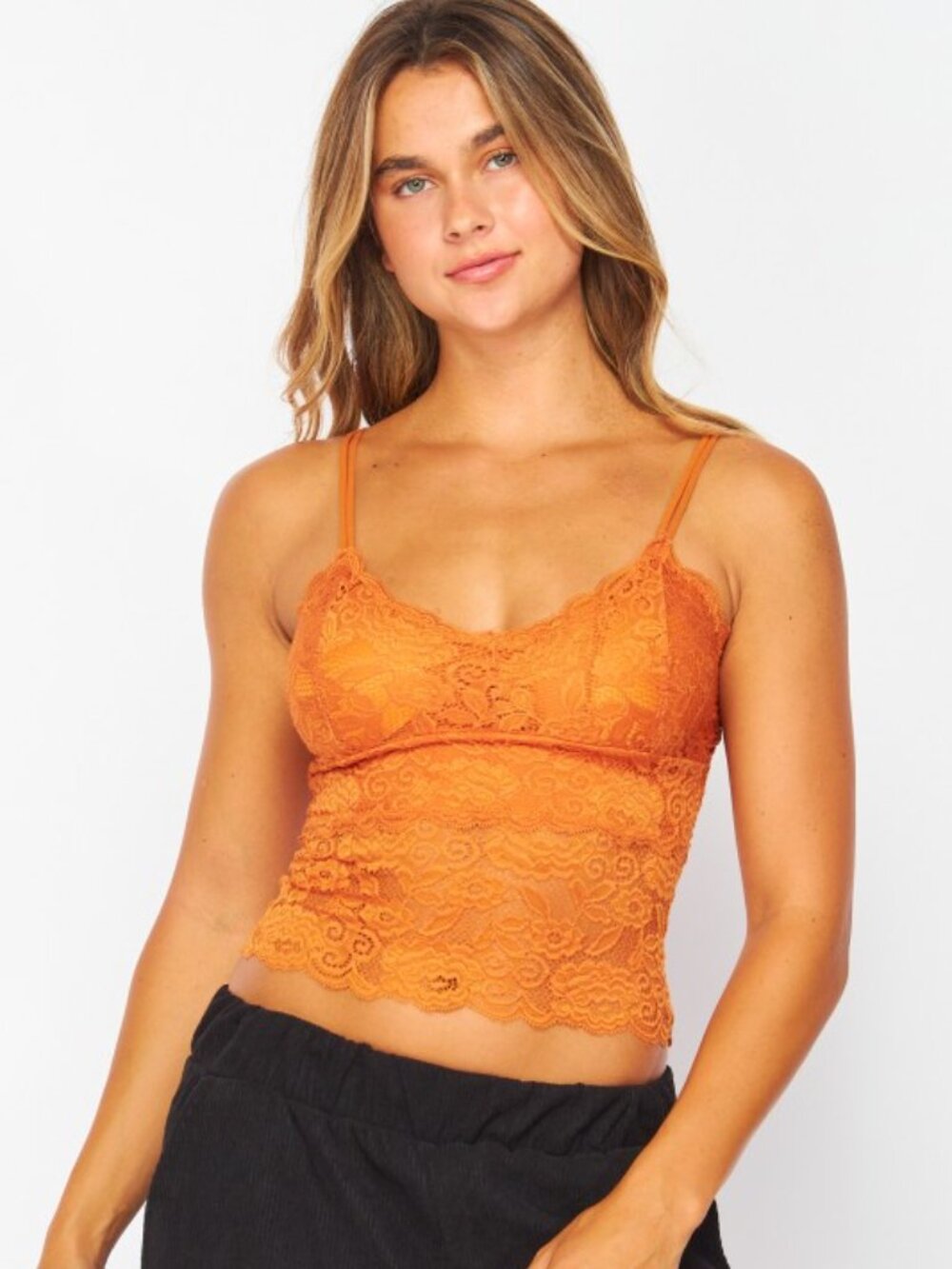B49 Lace V Neck Tank Top With Dual Spaghetti Strap Stretchy NEW - ORANGE